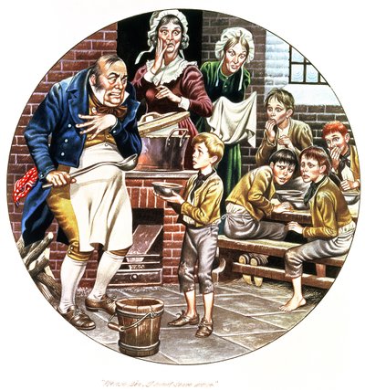De tweede interpretatie van de kunstenaar van Oliver Twist die om meer vraagt, uit de 